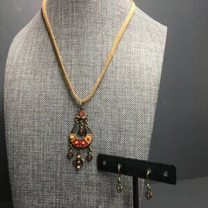 Multicolor Medallion Necklace Earrings 16 In Bronze Exotic Suede Dangle Pierced